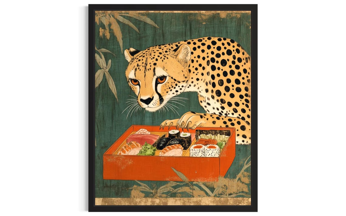Cheetah Animal Kitchen Sushi Poster Art Print Wall Original Painting Artwork Decor