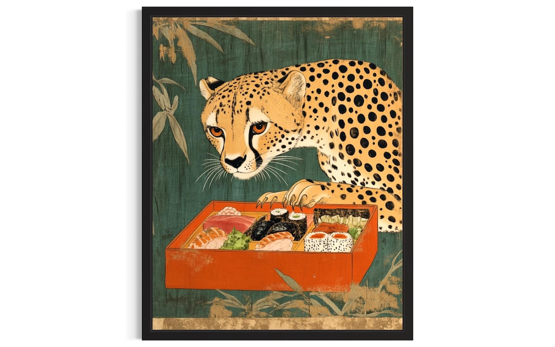 Cheetah Eyeing Sushi Bento Box Vintage Japanese Woodblock Art Print