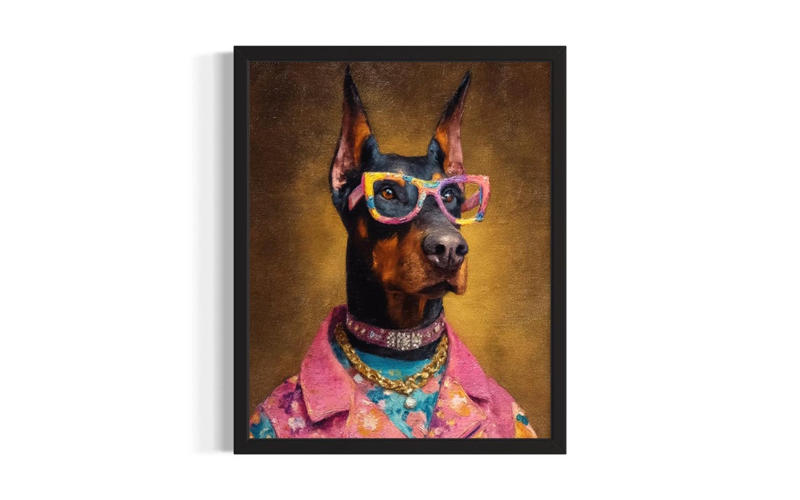 Doberman Dog Hip Hop Portrait Floral Pink Blazer Diamond Chains Poster