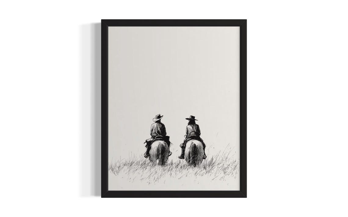 Two Cowboys On Horseback Minimalist Pencil Sketch Art Poster
