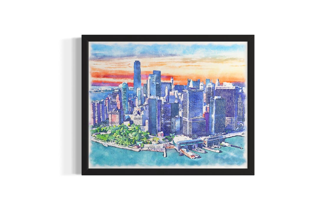 New York City Manhattan Skyline Sunset Watercolor Art Poster