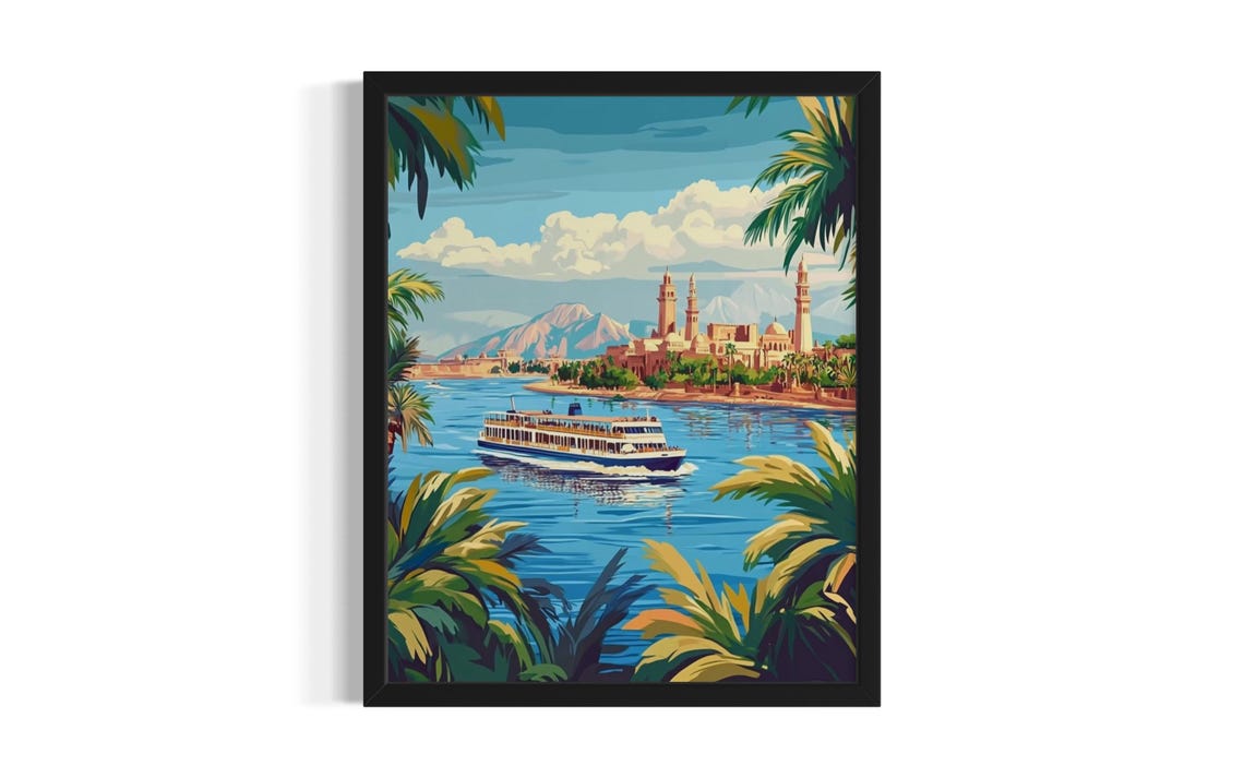 Nile River Cruise Ship Vintage Style Egypt Riverside Landscape Poster