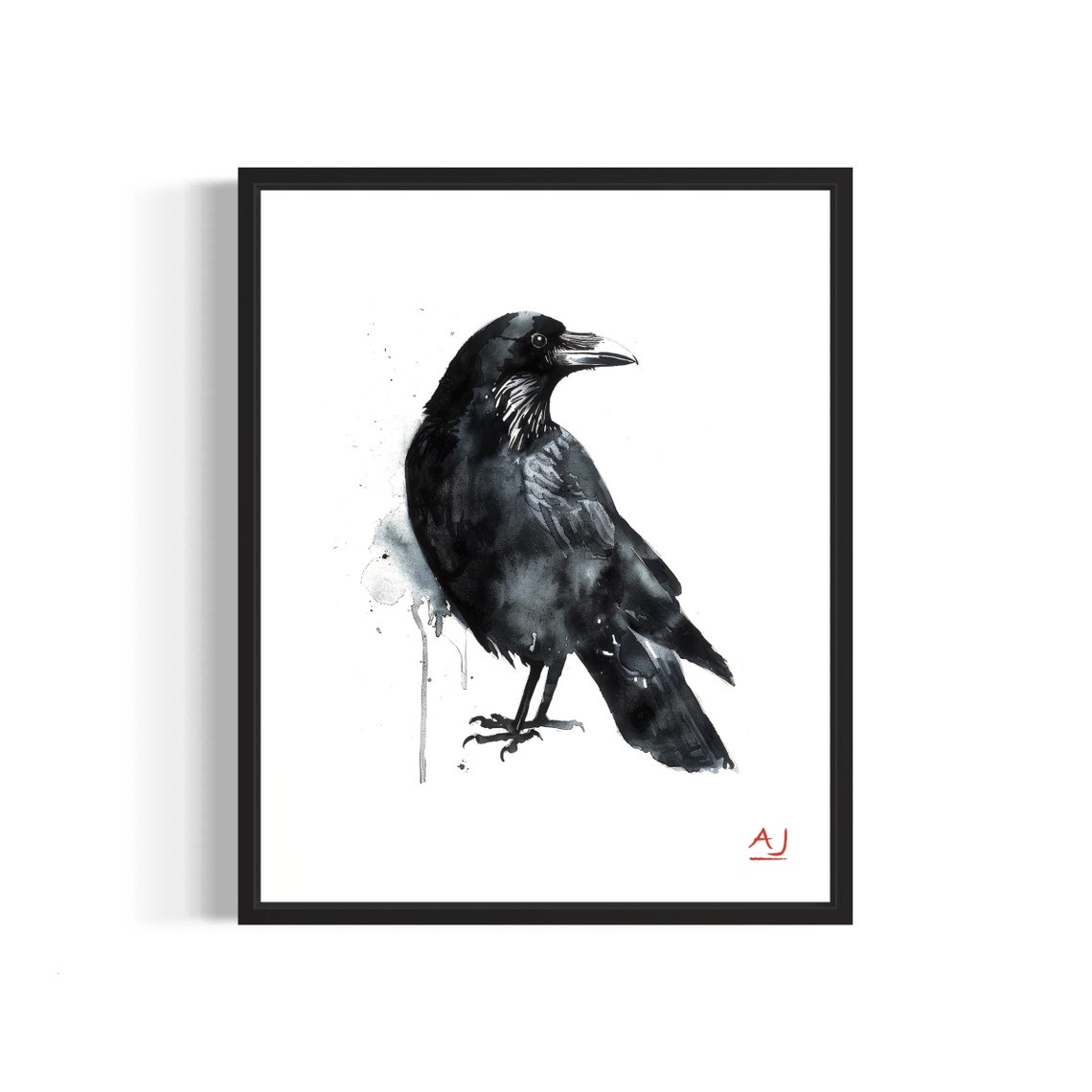 Black Crow Raven Ink Wash Watercolor Minimalist Bird Portrait Poster