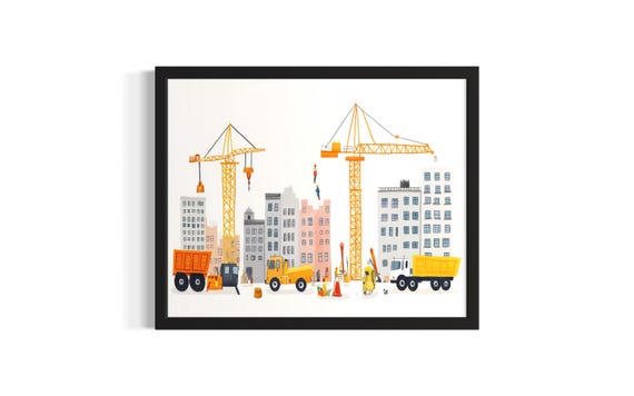 Contructions And Vehicle Children Nursery Poster Art Print Living Room Wall Original Painting Artwork Decor