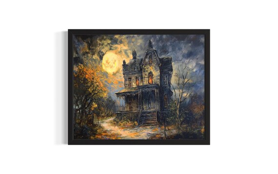 Victorian Haunted Mansion Full Moon Night Oil Painting Poster