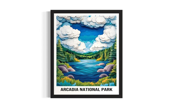 Arcadia National Park Colorful Layered Paper Cut Travel Landscape Poster