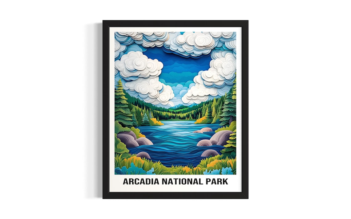 Arcadia National Park Colorful Layered Paper Cut Travel Landscape Poster