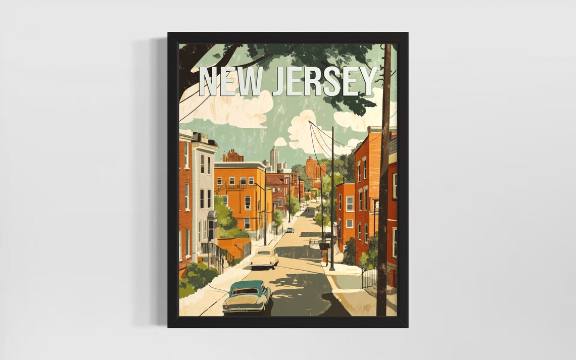 New Jersey Retro City Street Brick Rowhouses Vintage Travel Poster