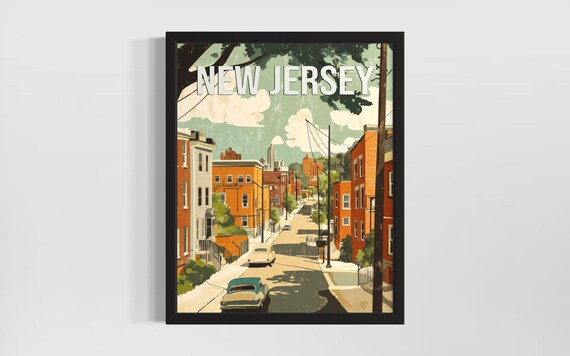 New Jersey Retro City Street Brick Rowhouses Vintage Travel Poster