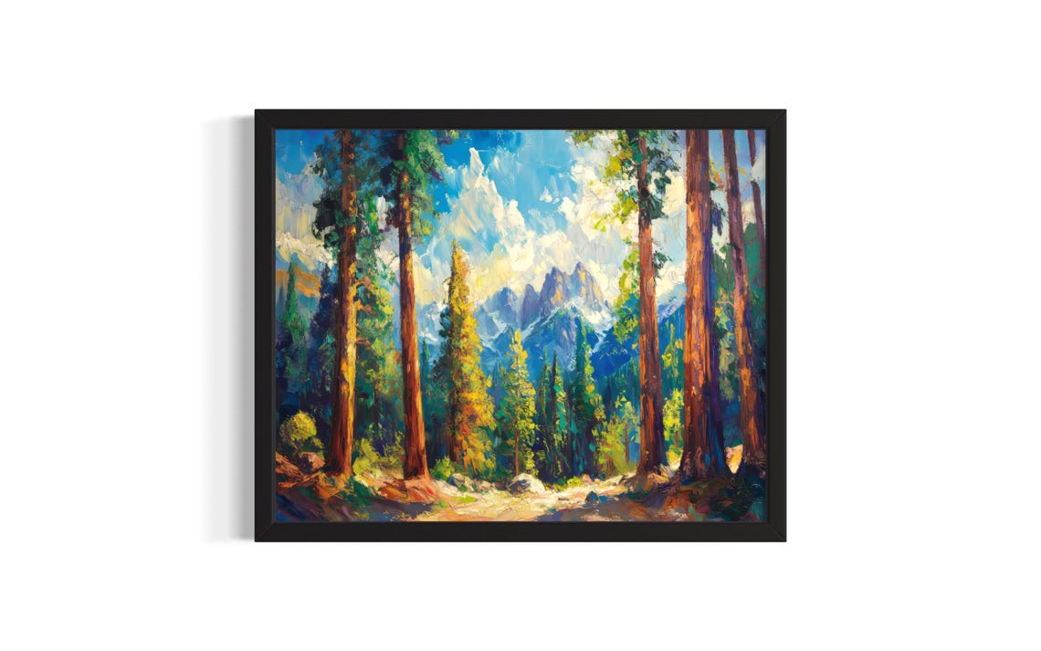 Tall Pine Forest with Snowy Mountain Peaks Sunny Woodland Art Poster