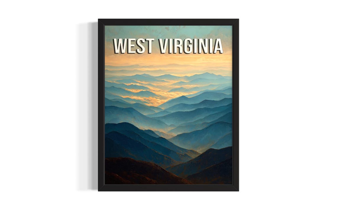 West Virginia Appalachian Mountains Misty Sunrise Layered Poster Art