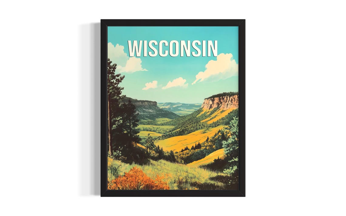 Wisconsin River Bluffs Green Valley Overlook Retro Travel Poster