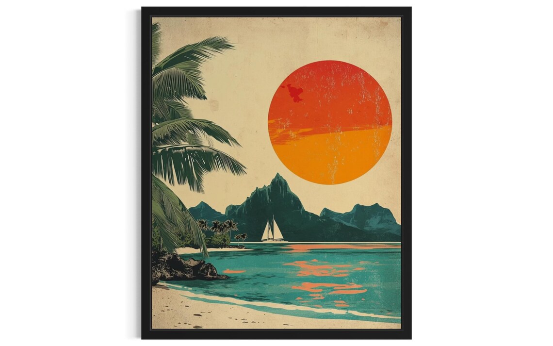 Big Sun Lagoon Sailboat Palm Retro Vintage Travel Art Poster