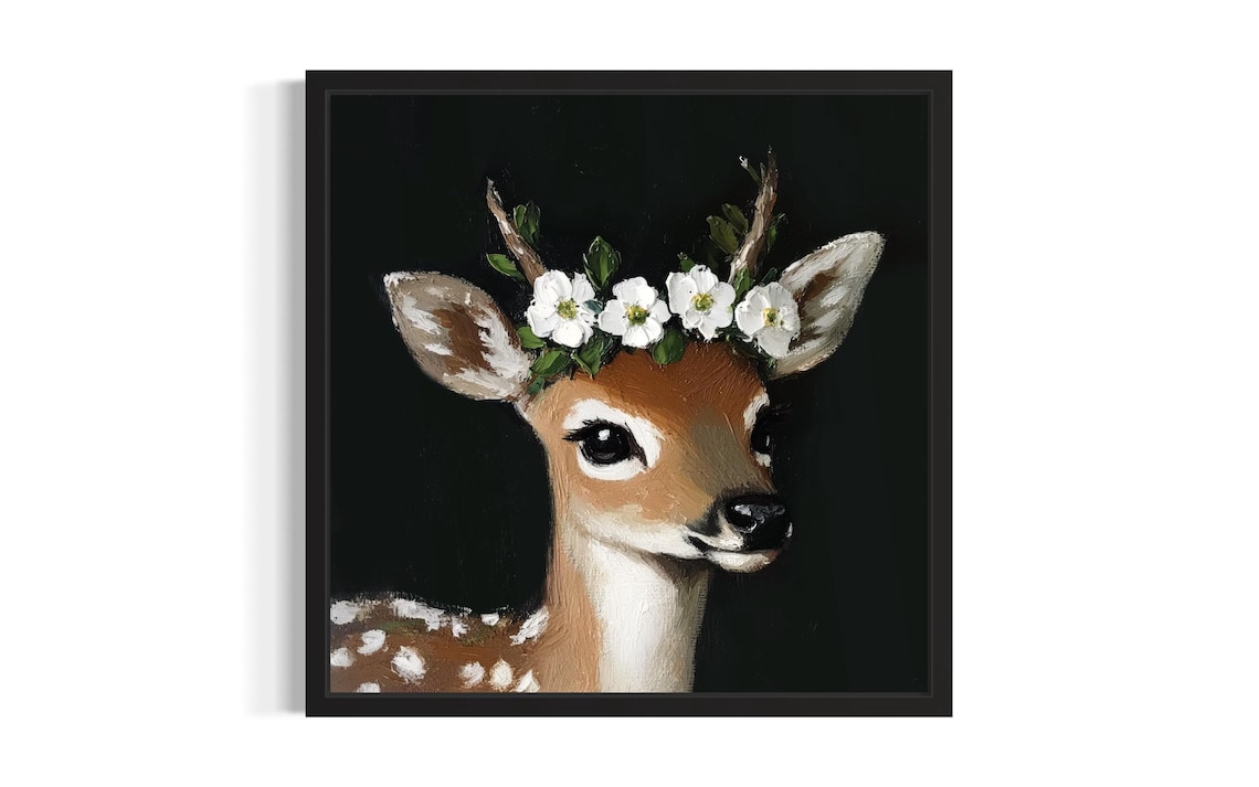 Baby Deer Fawn Flower Crown Portrait on Black Background Poster