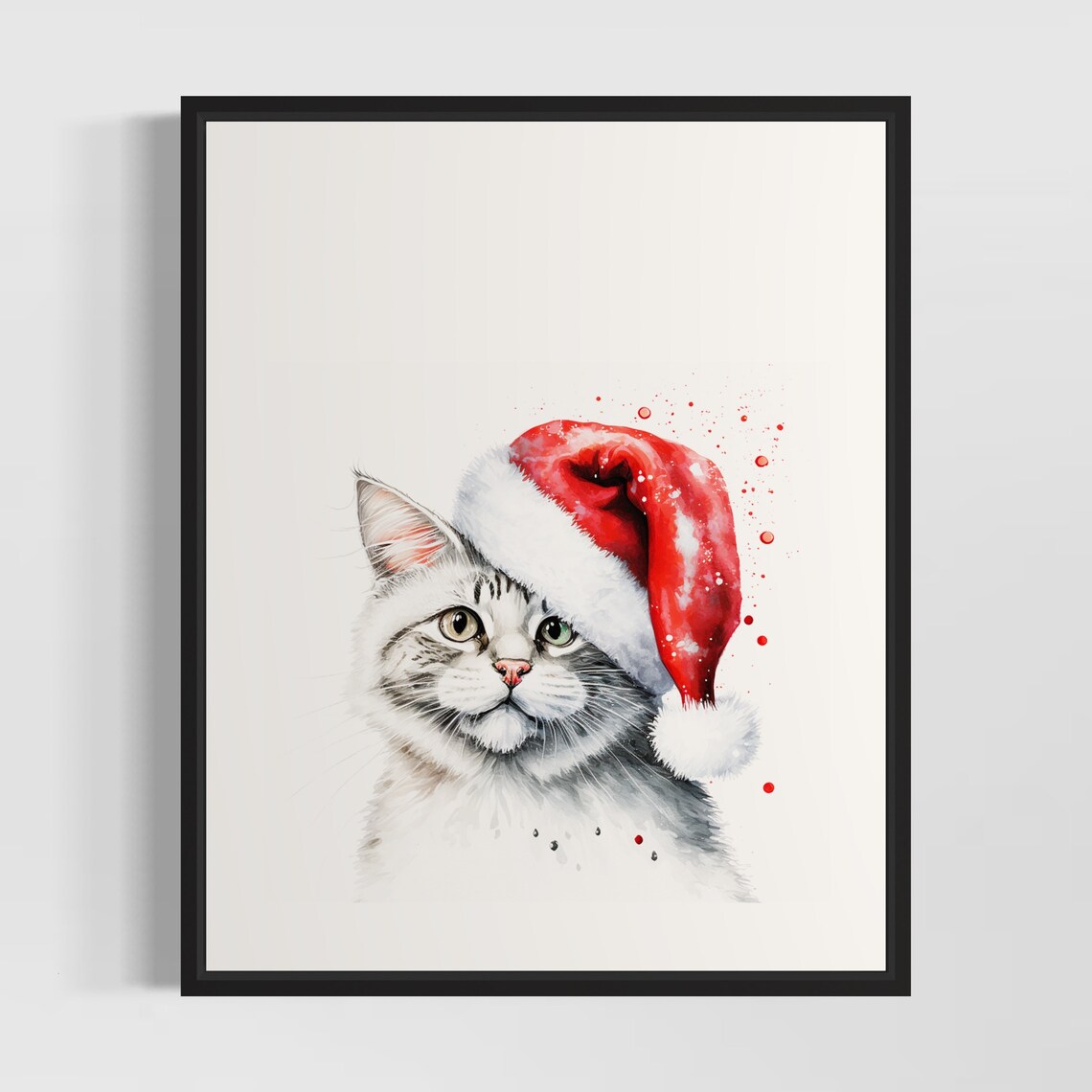 Sweet Cat Wearing a Santa Hat Merry Christmas Watercolor Poster