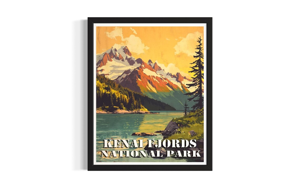 Kenai Fjords National Park Vintage Snowy Fjord Peaks Travel Poster