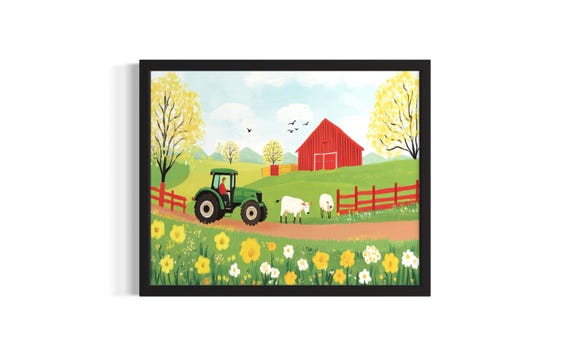 Farm Barn And Tractor Children Nursery Poster Art Print Living Room Wall Original Painting Artwork Decor