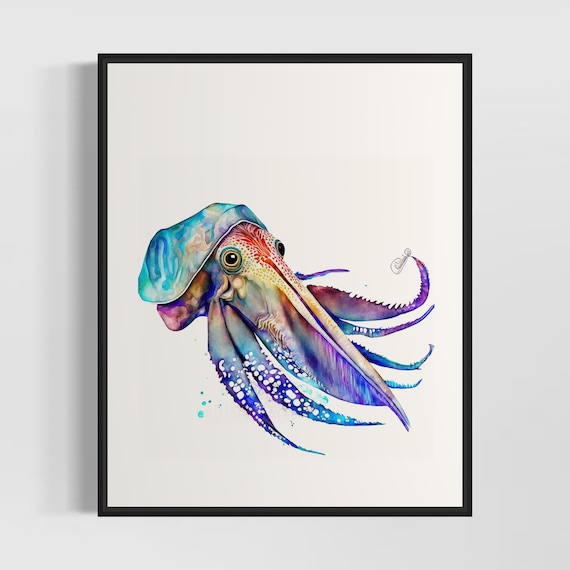 Cuttlefish Watercolor Vibrant Ocean Sea Life Marine Art Poster