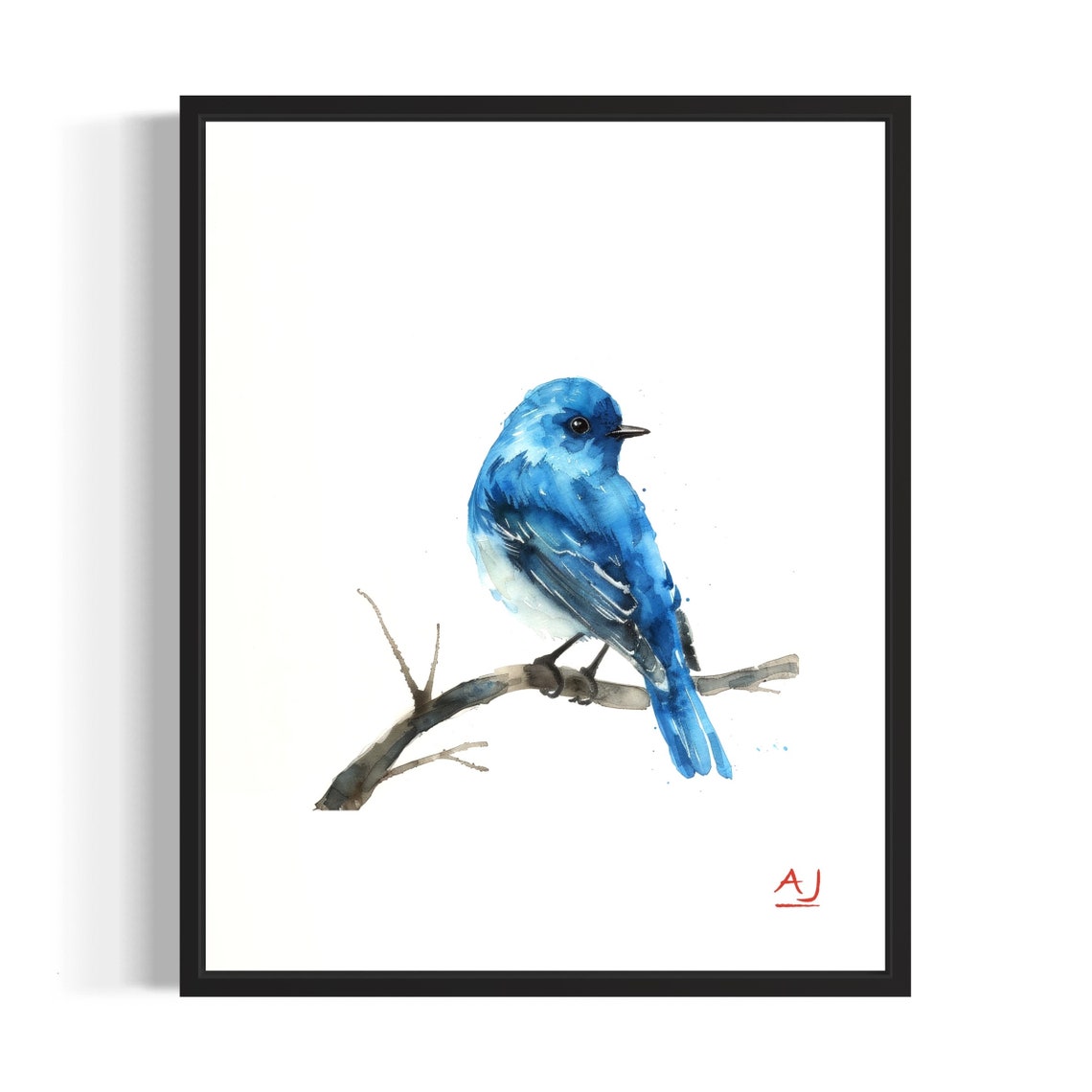 Vivid Eastern Bluebird on a Branch Watercolor Painting Poster