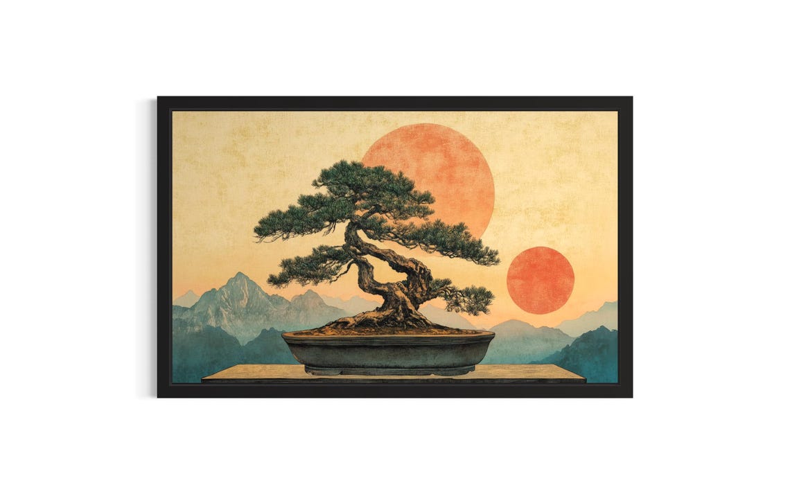 Bonsai Pine Tree Twin Red Suns Mountain Backdrop Zen Art Poster