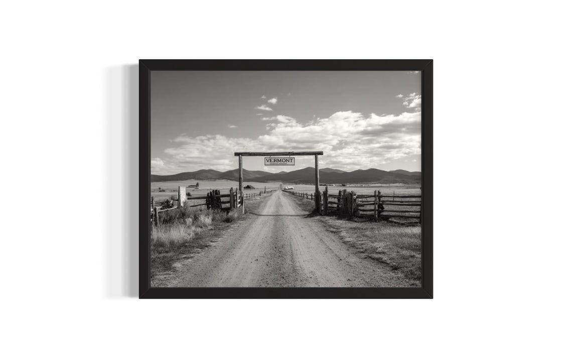 Vermont Ranch Gate Dirt Road Mountain Black And White Photo Poster