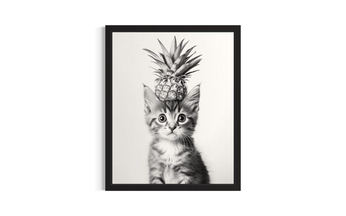 Kitten Pineapple Hat Black and White Funny Animal Portrait Poster