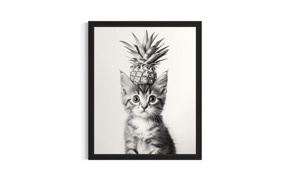 Kitten Pineapple Hat Black and White Funny Animal Portrait Poster