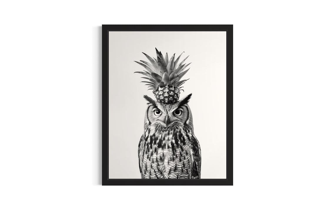 Owl Pineapple Hat Black and White Funny Animal Portrait Poster
