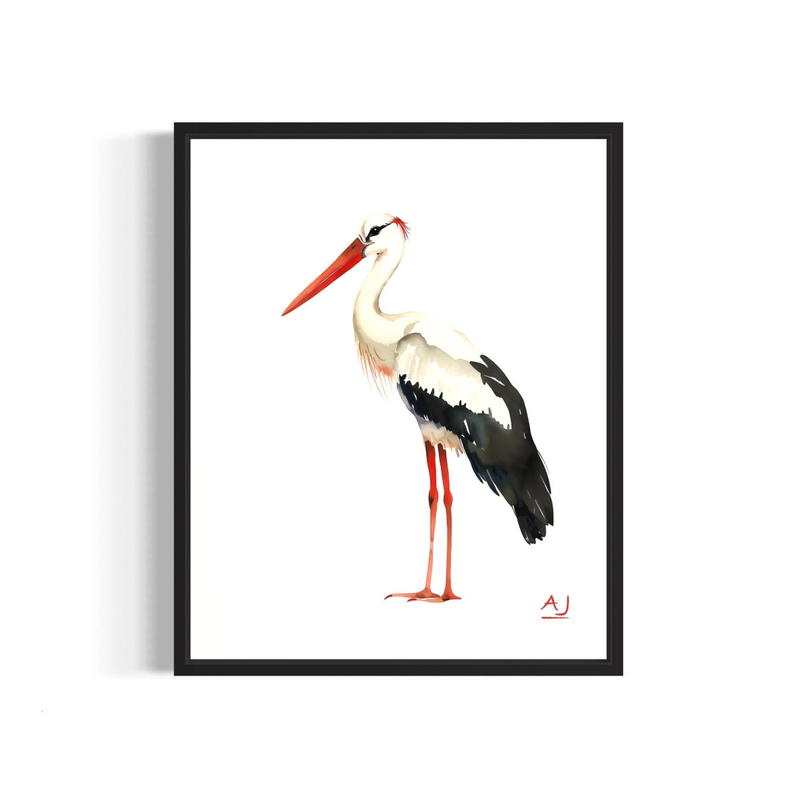 Elegant White Stork Standing Graceful Watercolor Bird Art Poster
