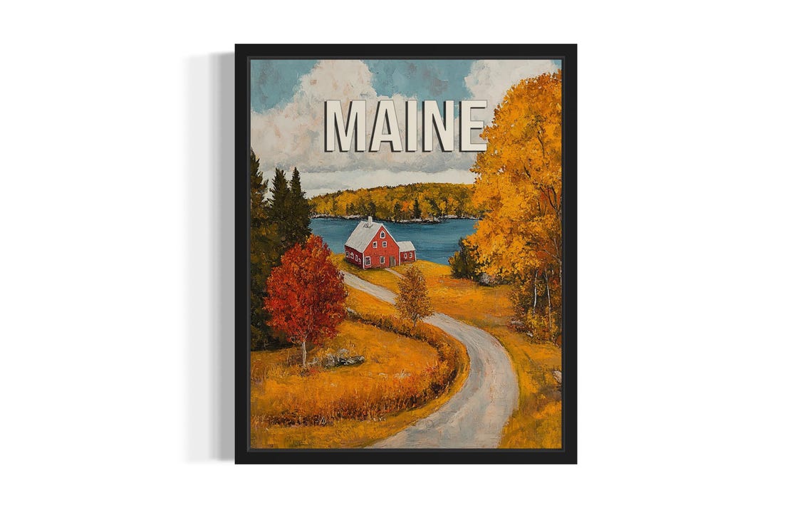 Maine Falls Red Barn by Autumn Lake Peak Foliage Vintage Poster