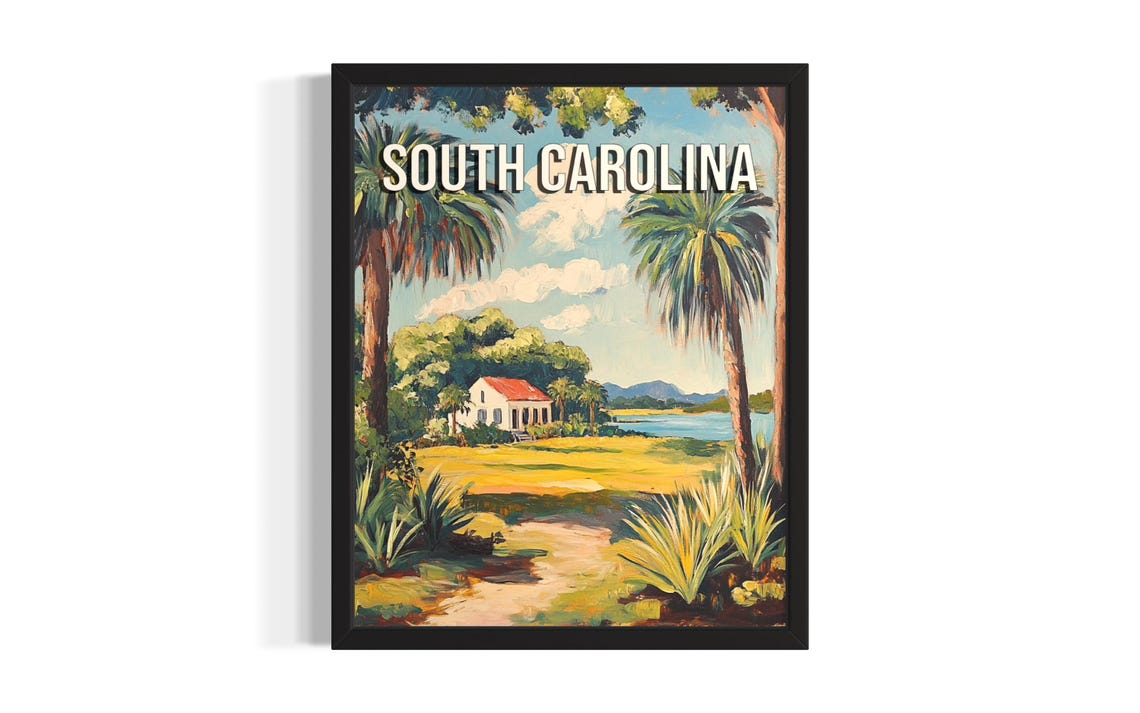 South Carolina Spring Palm Trees Lake House Waterfront Scenery Poster