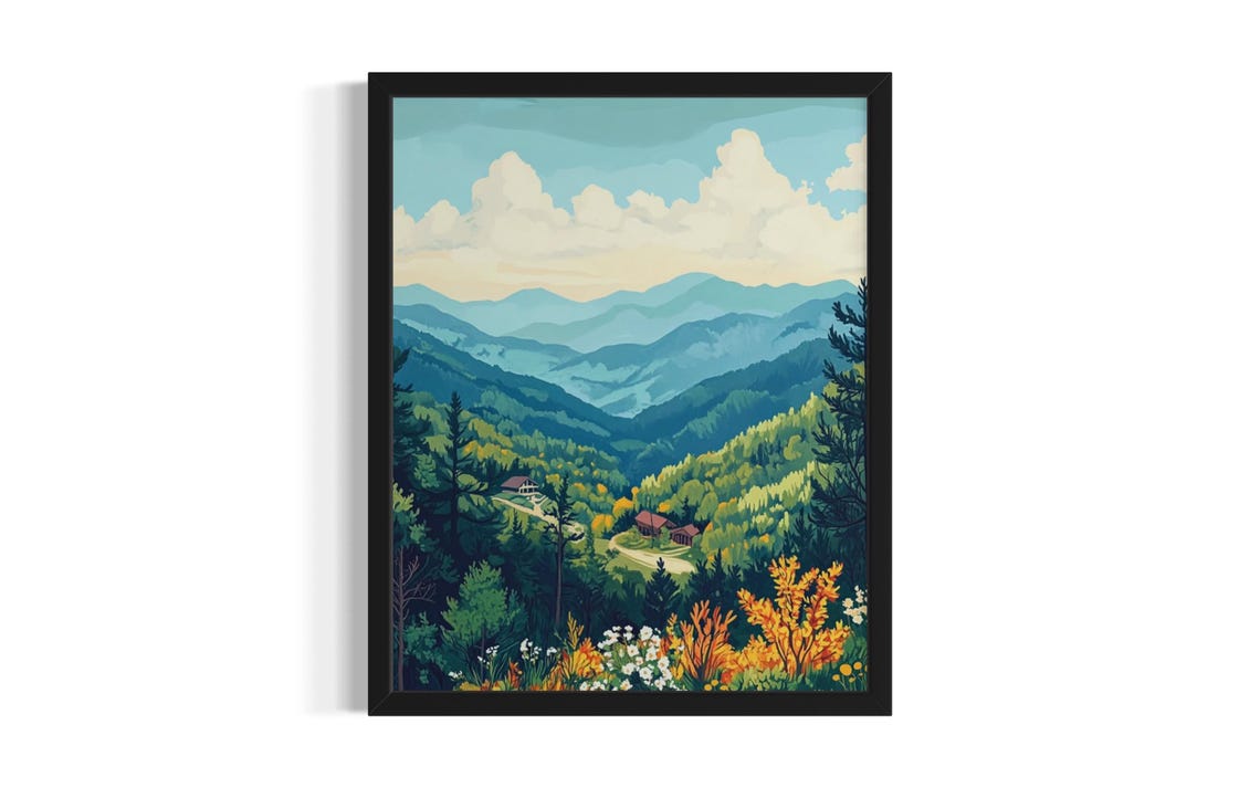 Great Smoky Mountains Layered Ridges Cabin Valley Art Poster