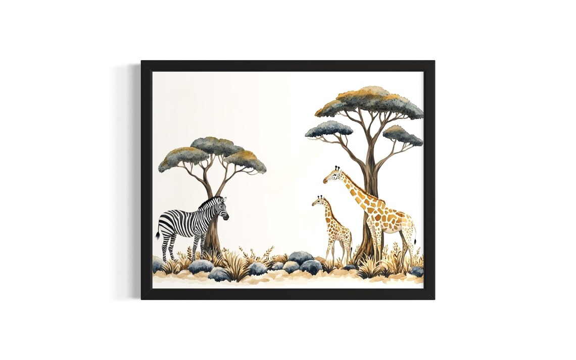 Zebra And Giraffes Safari Watercolor African Savanna Scene Poster