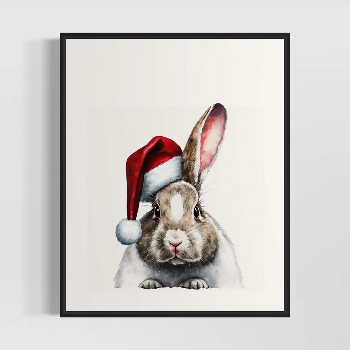 Cute Bunny Rabbit Wearing Red Santa Hat Christmas Watercolor Poster
