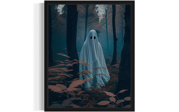 Cute Sheet Ghost Standing In An Autumn Forest Painting Poster