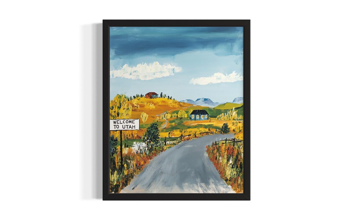 Utah Welcome Sign Countryside Road Colorful Folk Art Style Poster