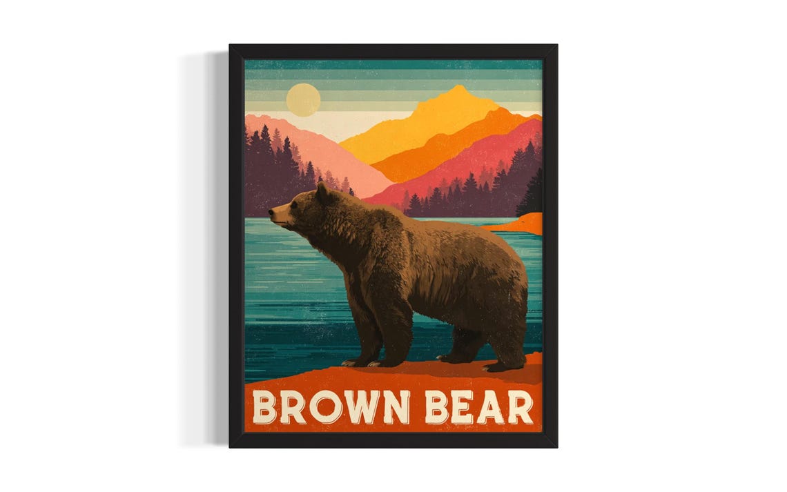 Brown Bear Pop Art Animal Poster Print Living Room Wall Original Painting Artwork Decor