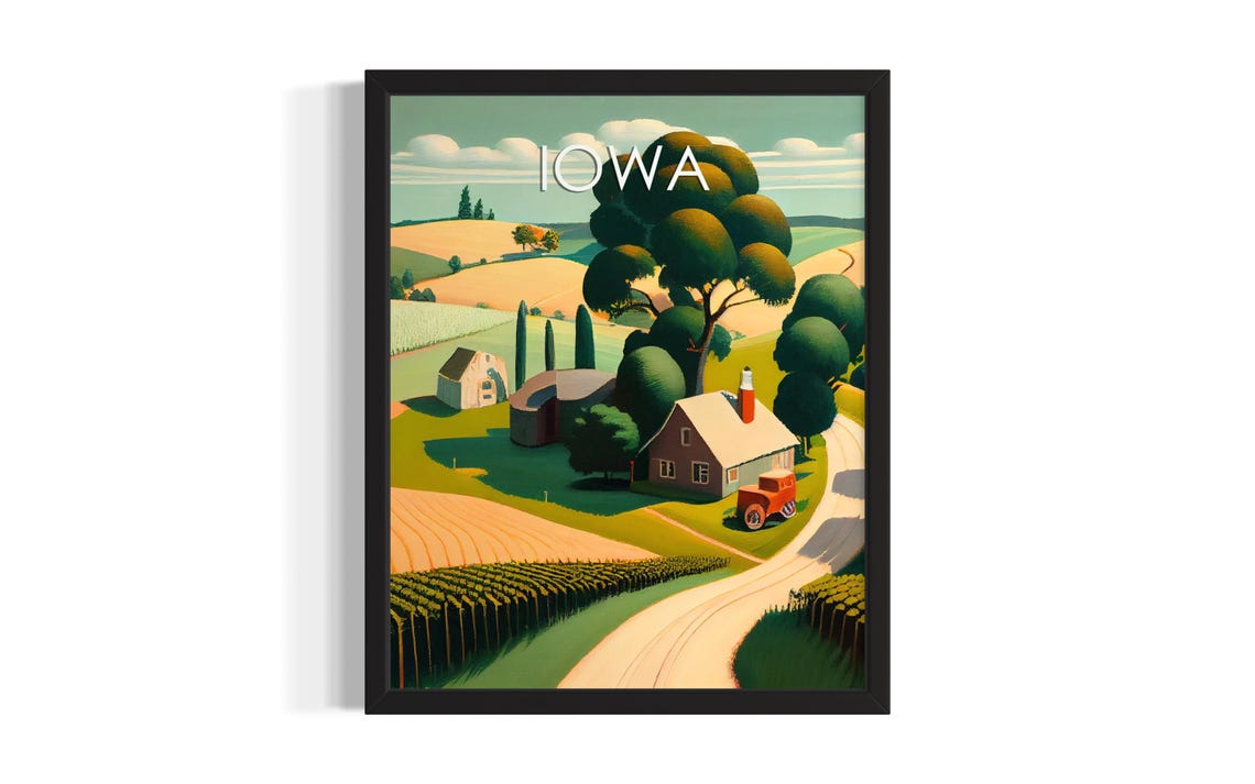 Iowa Farm Landscape Tractor Barn Rolling Fields Travel Poster