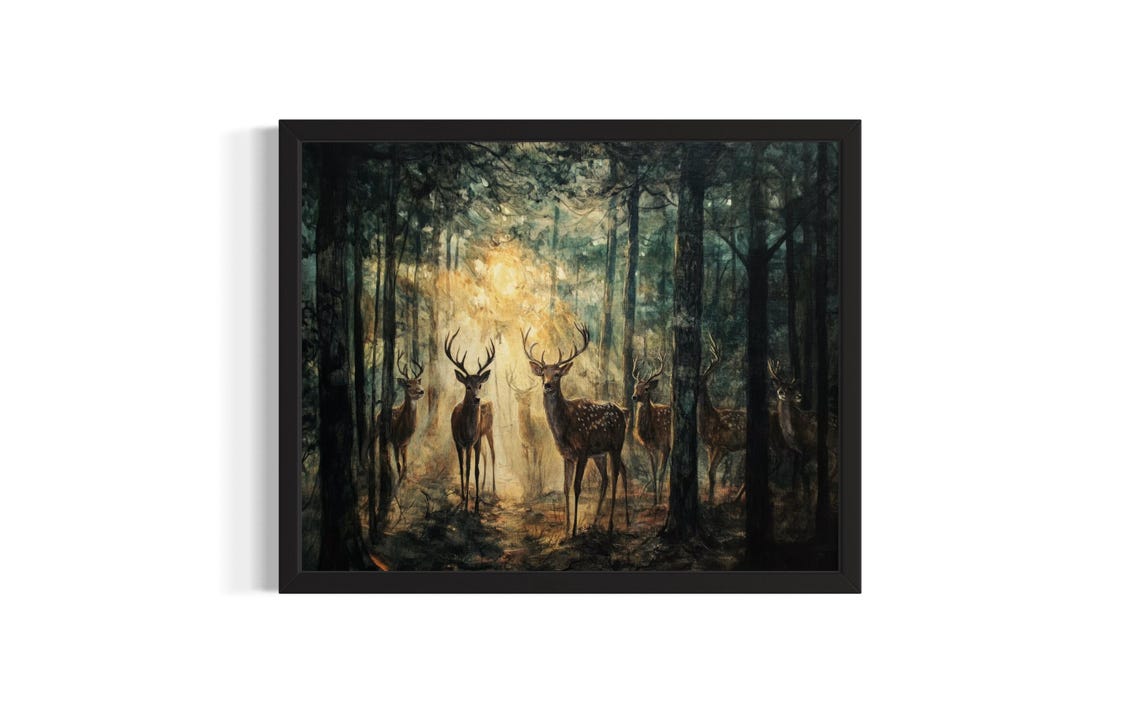 Deer In Forest Huanted Animals Poster Art Print Living Room Wall Original Painting Artwork Decor