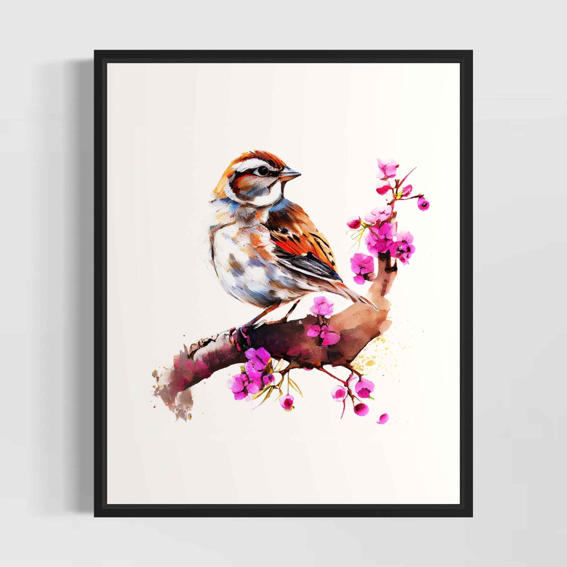 Chipping Sparrow On Pink Blossom Branch Watercolor Bird Poster