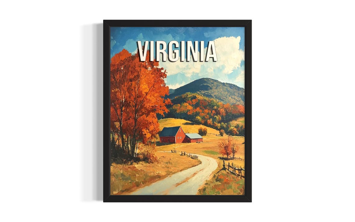 Virginia Fall Foliage Red Barn Autumn Country Road Vintage Poster