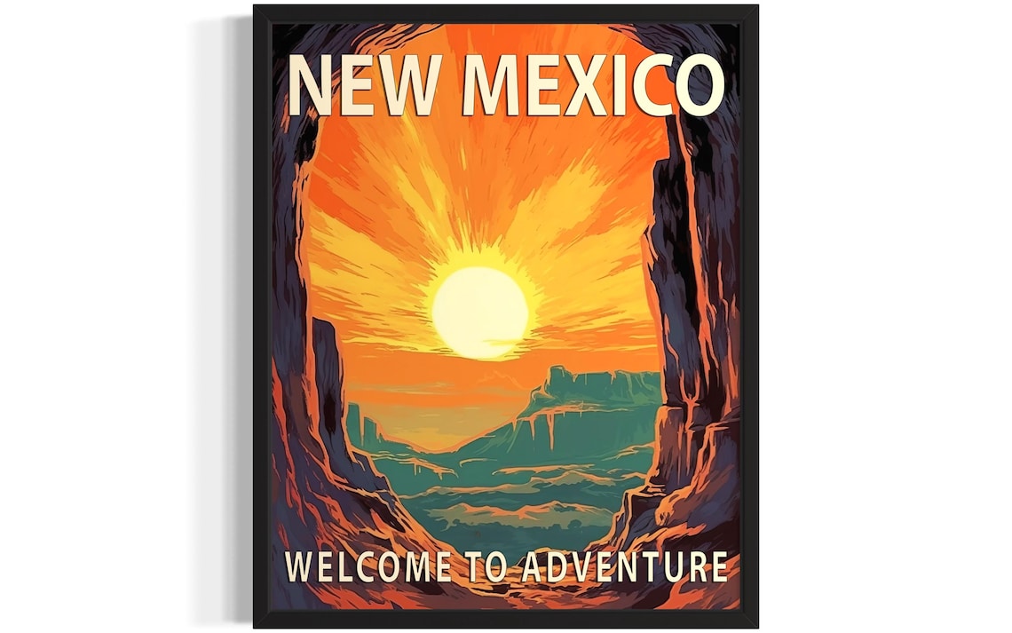 New Mexico Welcome to Adventure Canyon Sunrise Retro Travel Poster