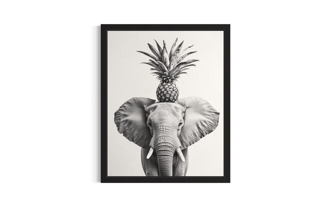 Elephant Pineapple Hat Black and White Funny Animal Portrait Poster
