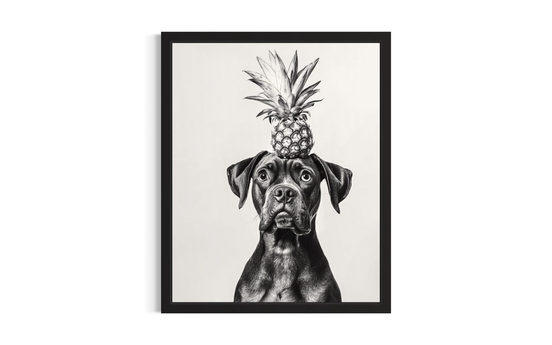 Boxer Dog Balancing Pineapple Black And White Canine Portrait Poster