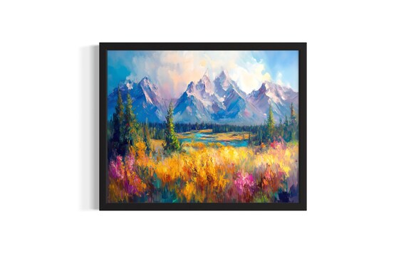 Alpine Peaks with Wildflower Meadow and Lake Bright Mountain Art Poster