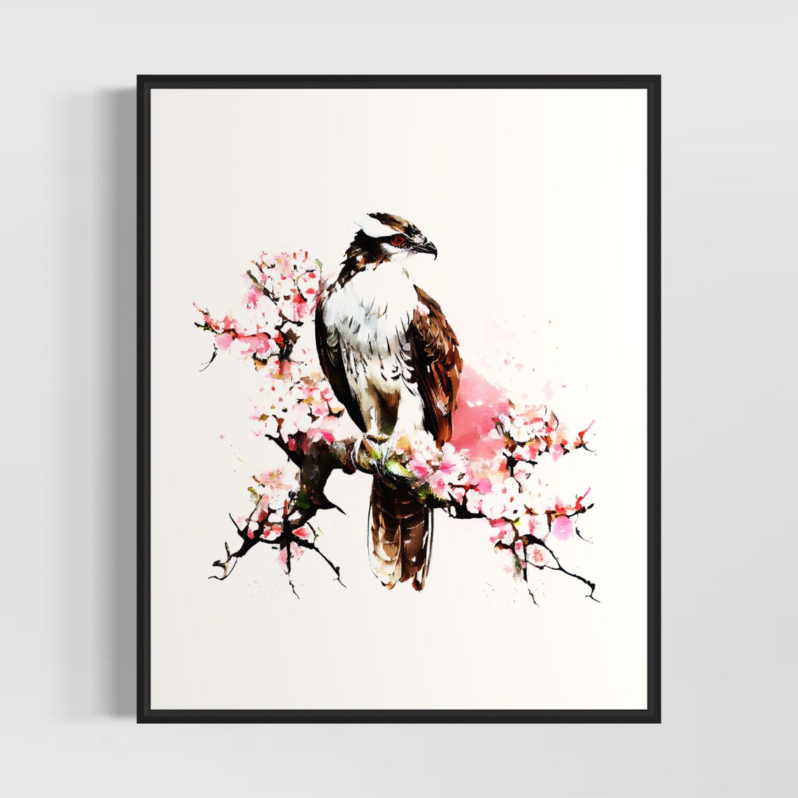Osprey Perched On A Flowering Cherry Branch Watercolor Art Poster