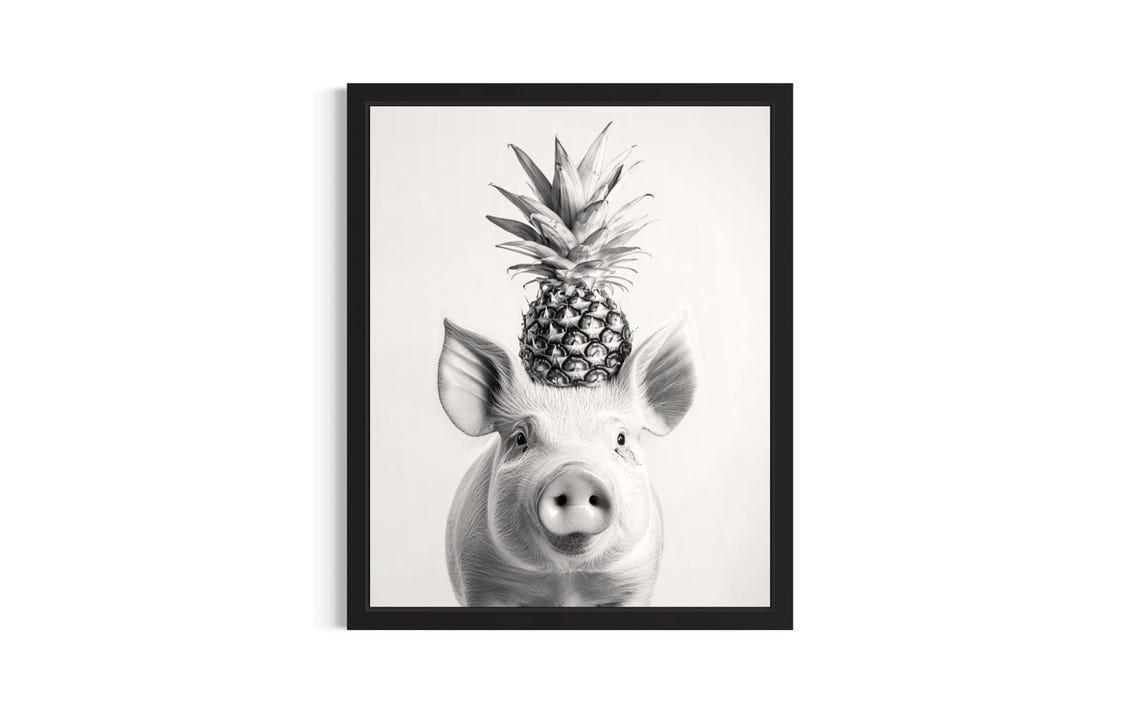 Pig Pineapple Hat Black and White Funny Animal Portrait Poster