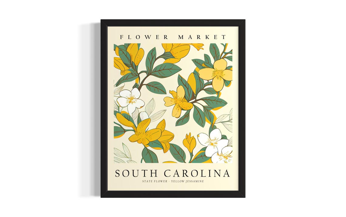 South Carolina Yellow Jessamine Flower Market Botanical Poster