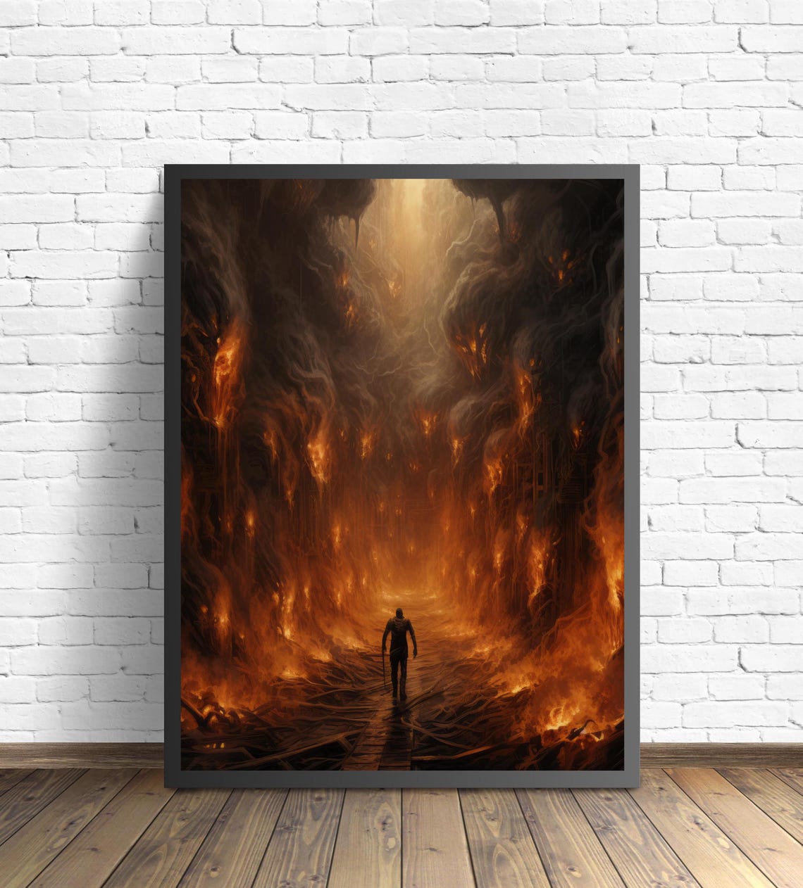 Lone Man Escaping Through A Burning Hell Apocalyptic Fire Poster