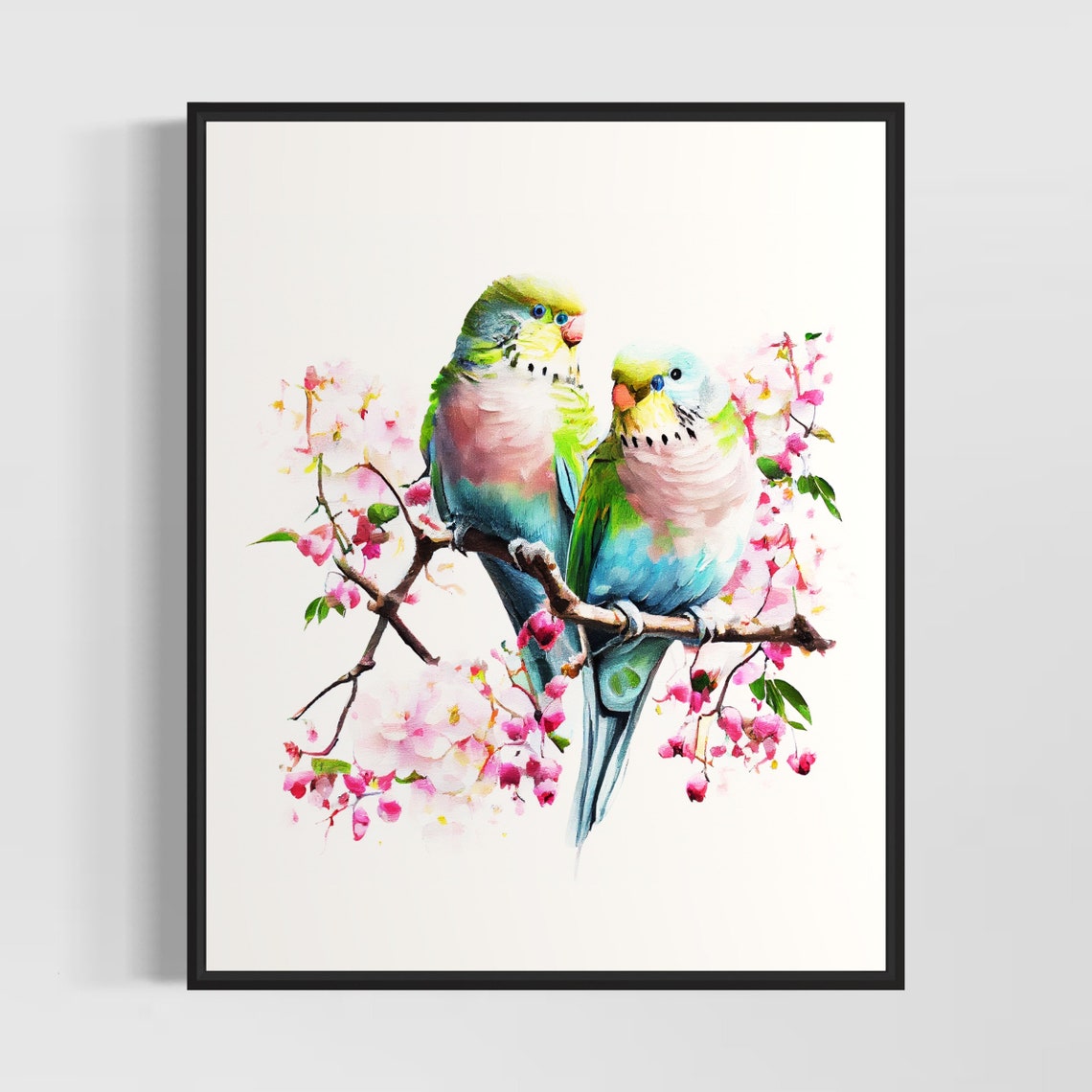 Two Pastel Parakeets On Pink Blossom Branch Watercolor Bird Poster